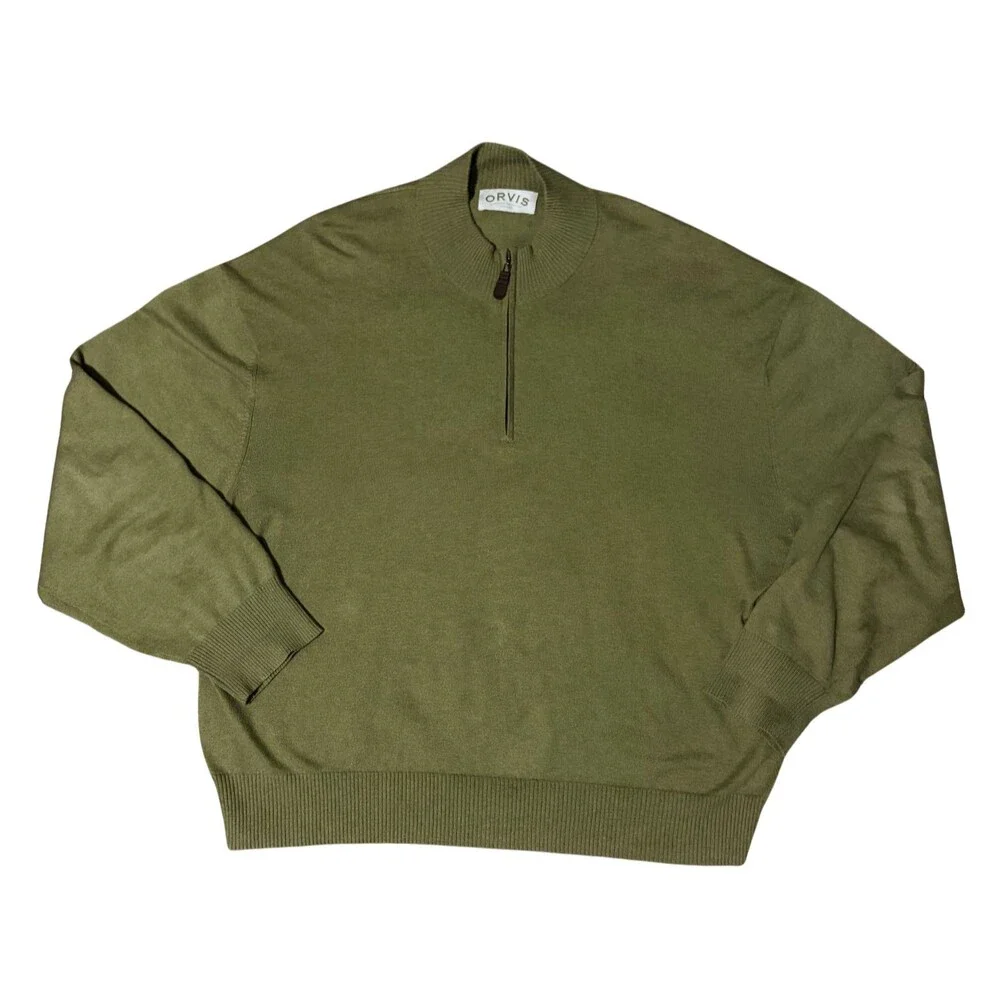 Orvis Quarter Zip Sweater Mens XXL Green Pullover Cotton Silk Cashmere Mock Neck